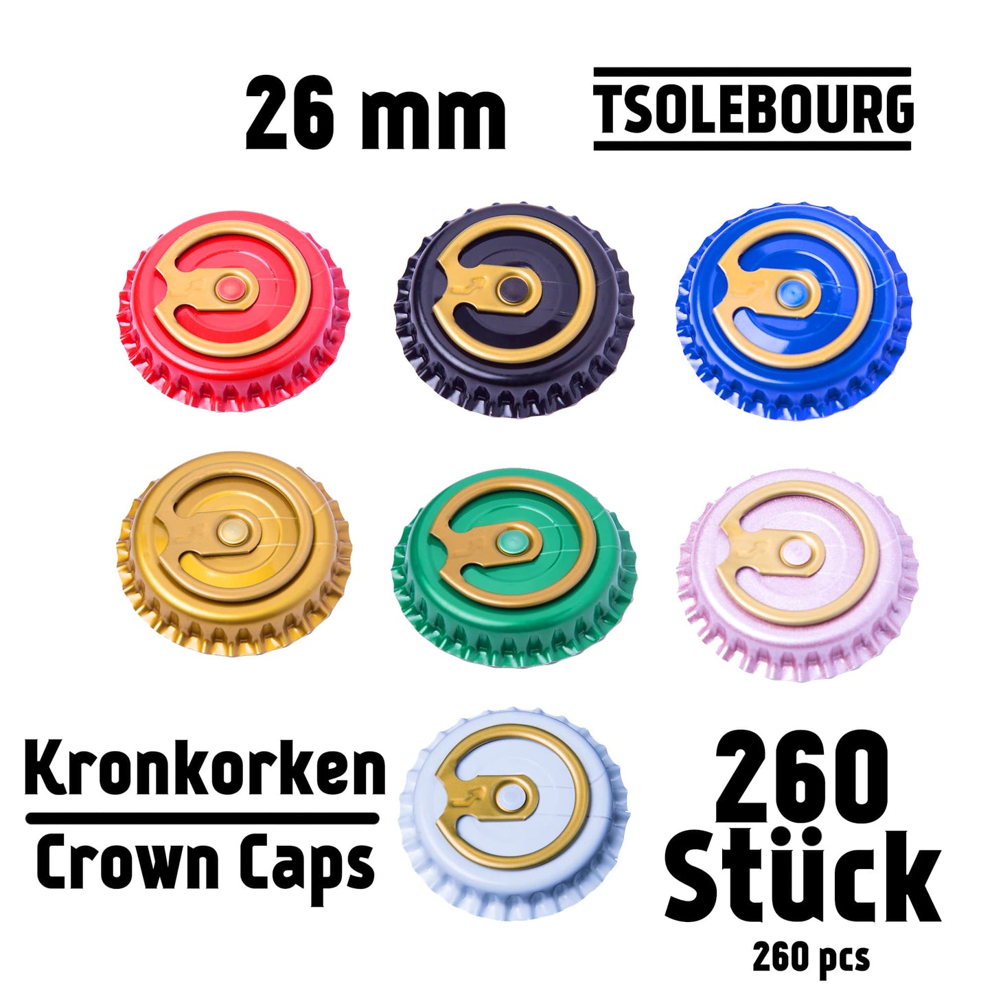Mixed Colors 26mm Easy Open Crown Caps – Pack of 260 | TSOLEBOURG